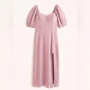 abercrombie & fitch puff sleeve mauve midi dress with sweetheart and slit